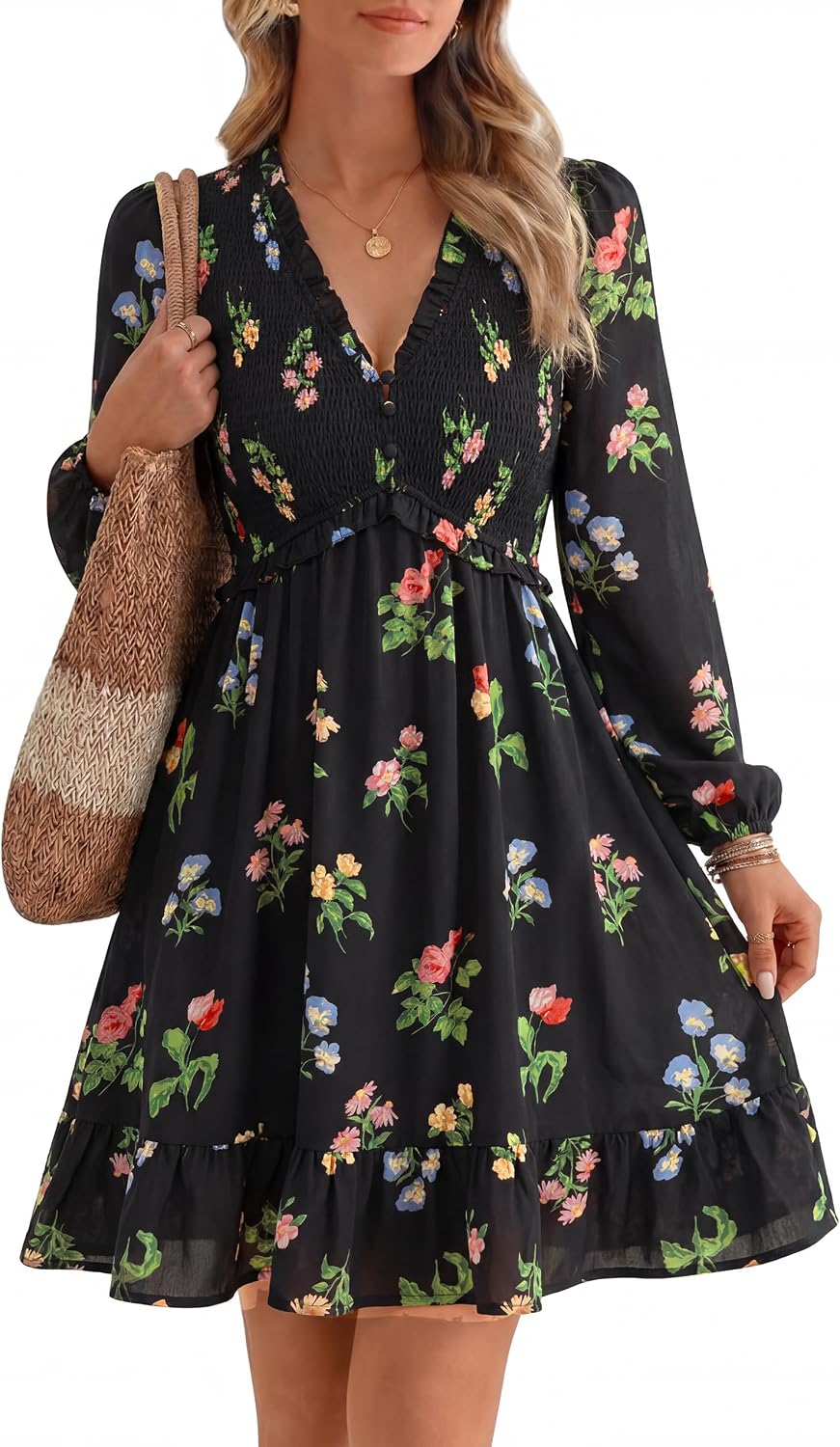 Floral Long-Sleeve Mini Dress in Floral Black