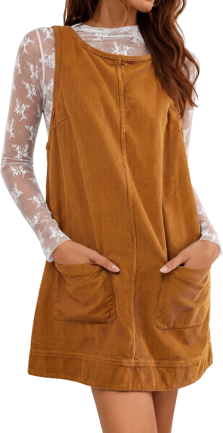 Hooever Women's Corduroy Overall Dress Round Neck A Line Skirtall Jumper Mini Dress Pinafore with Pockets