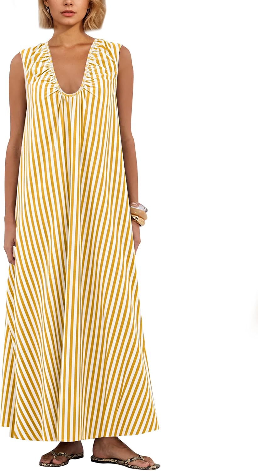 Ardrem Women Sleeveless Ruched Maxi Dress Scoop Neck Long Elegant Dresses Wide Shoulder Strap Blouse Dress with Side Pockets