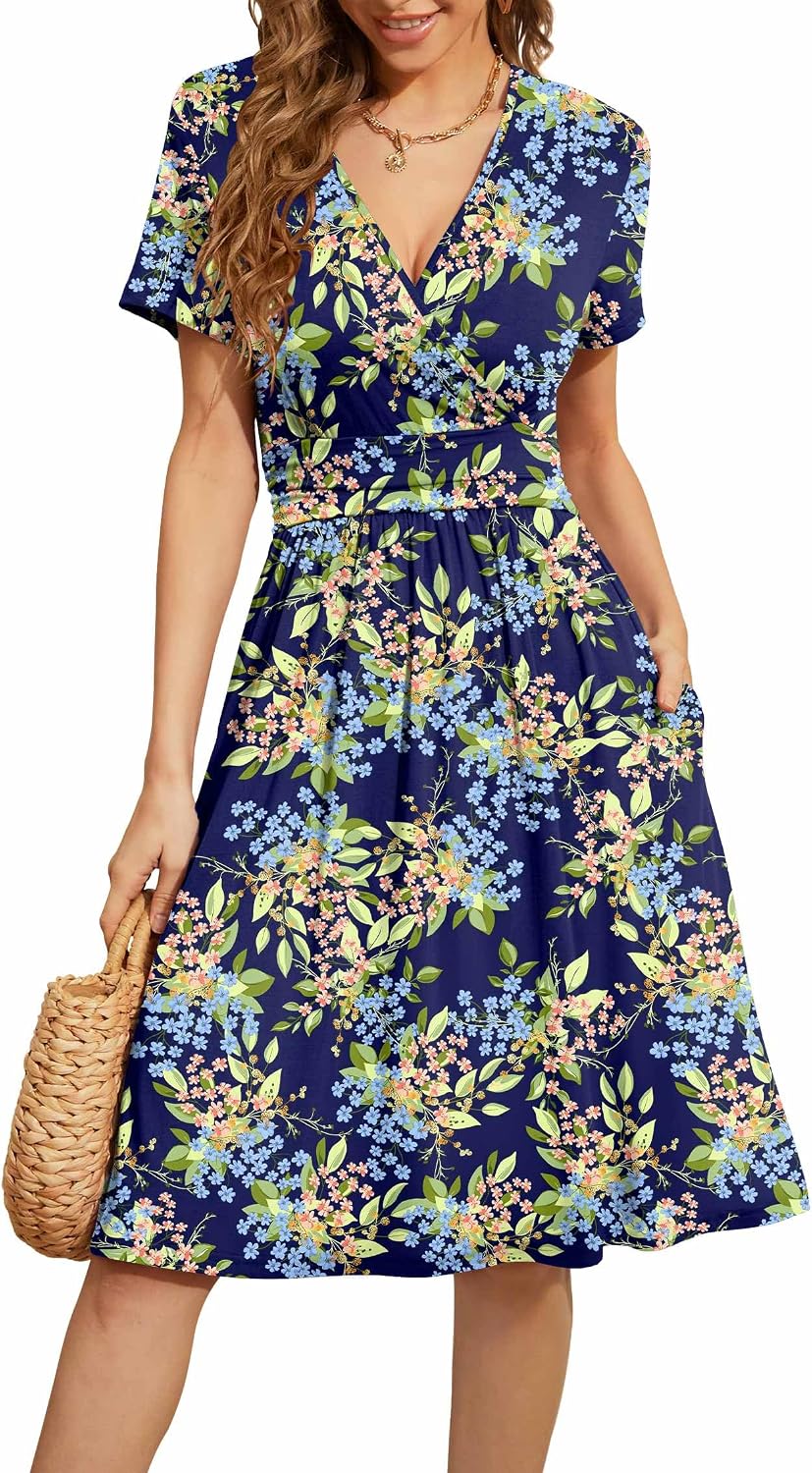 WEACZZY Women's Summer Short Sleeve Casual Dresses V-Neck Floral Party Dress with Pockets