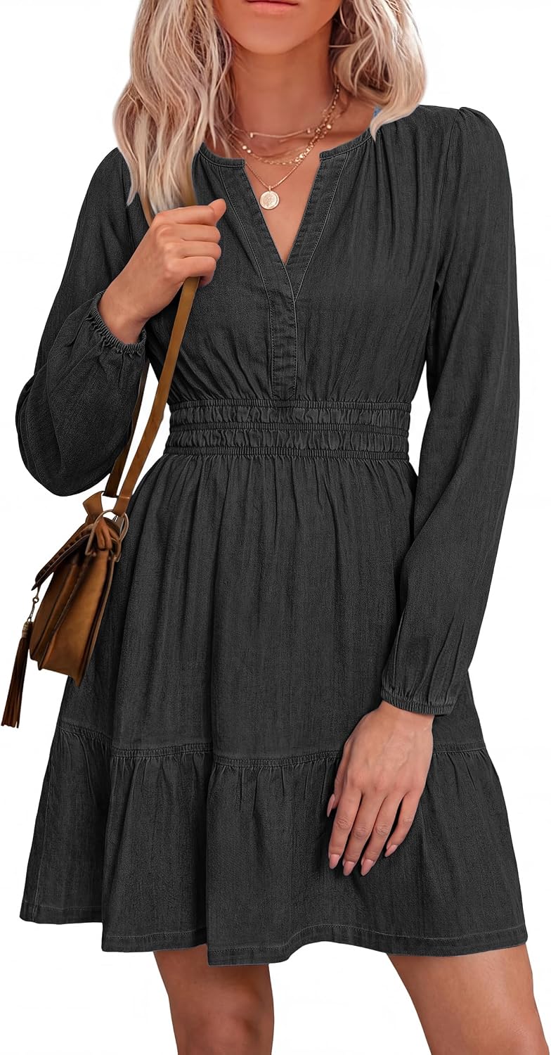 Simplee Womens Denim Dress Long Sleeve Western Cowgirl Jean Fall Mini Dress | Casual Denim Dresses, Country Concert Outfits for Women, V Neck Empire Waist, Ruffle A Line, with Pockets