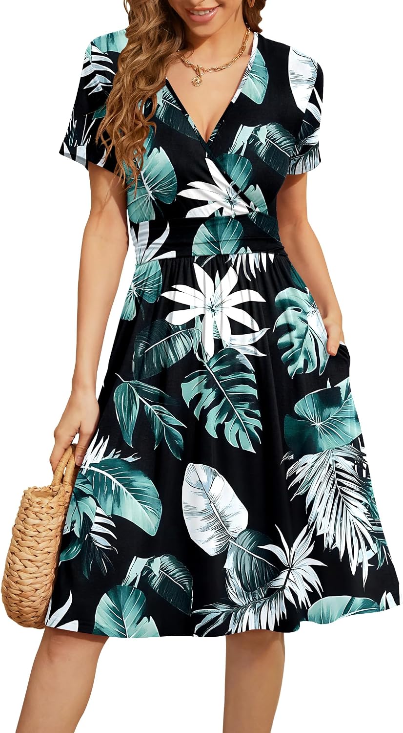 WEACZZY Women's Summer Short Sleeve Casual Dresses V-Neck Floral Party Dress with Pockets