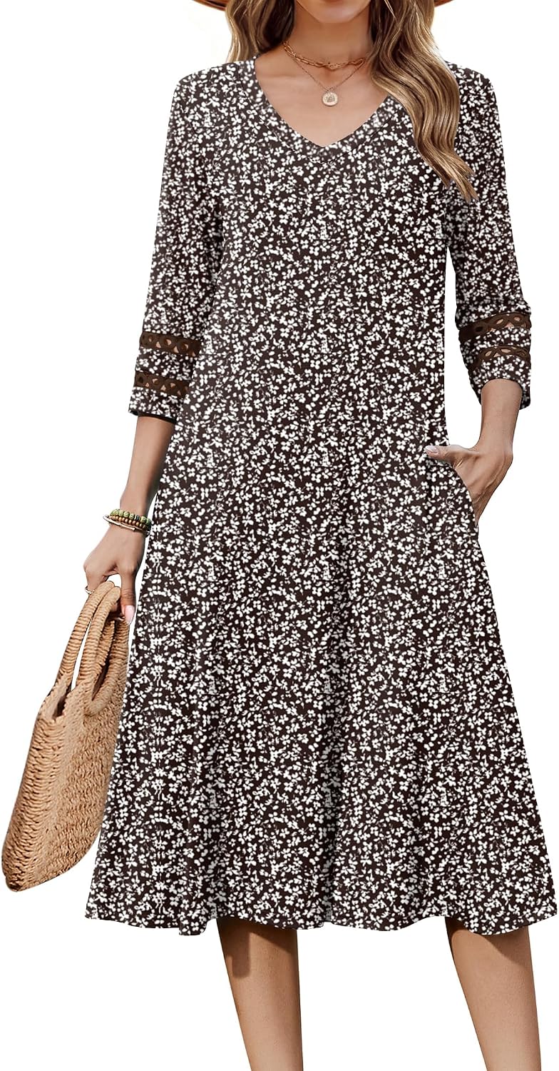 Eyelet V-Neck 3/4-Sleeve A-Line Midi Dress in Brown Floral