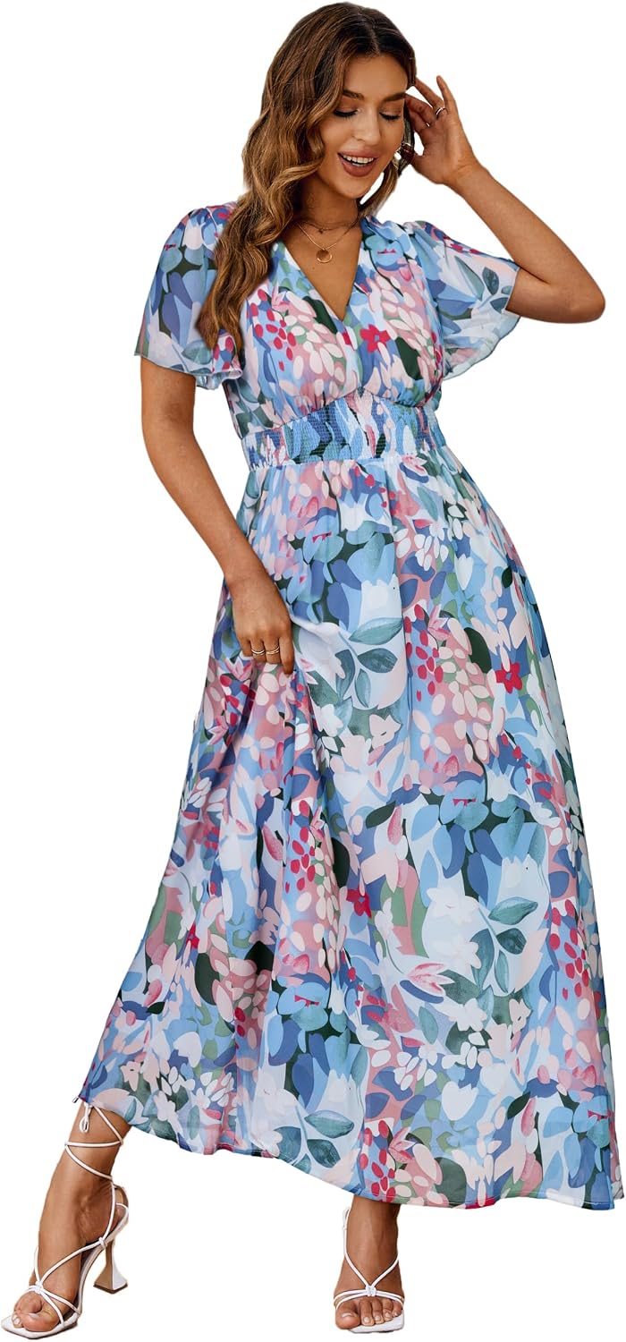 Floral V-Neck Short-Sleeve Maxi Dress in Blue Green Floral