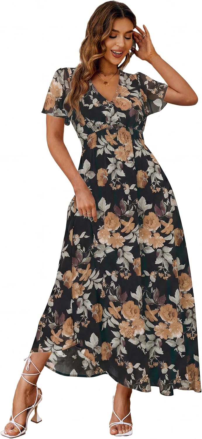 Floral V-Neck Short-Sleeve Maxi Dress in Black Brown Floral