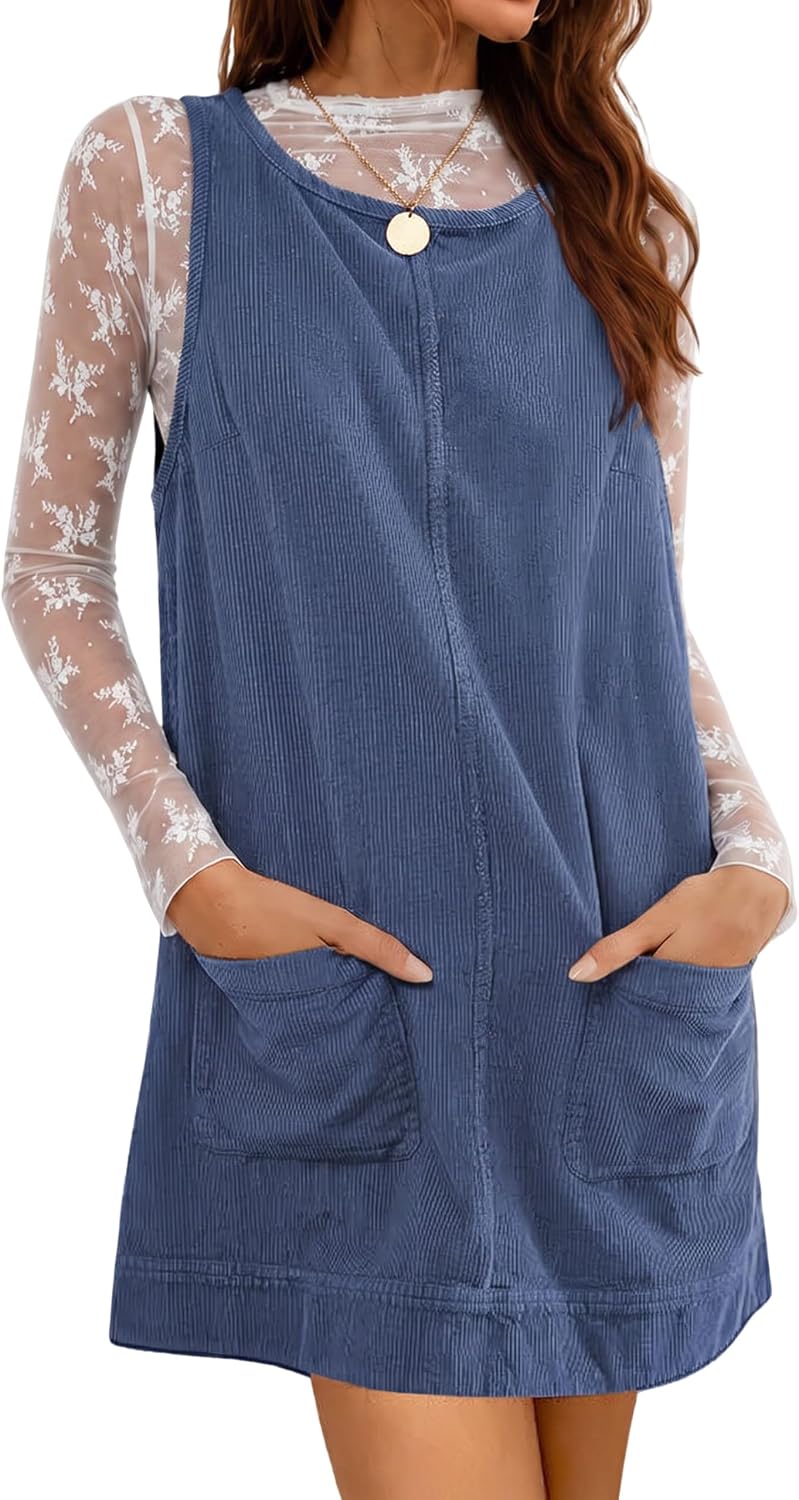 Hooever Women's Corduroy Overall Dress Round Neck A Line Skirtall Jumper Mini Dress Pinafore with Pockets