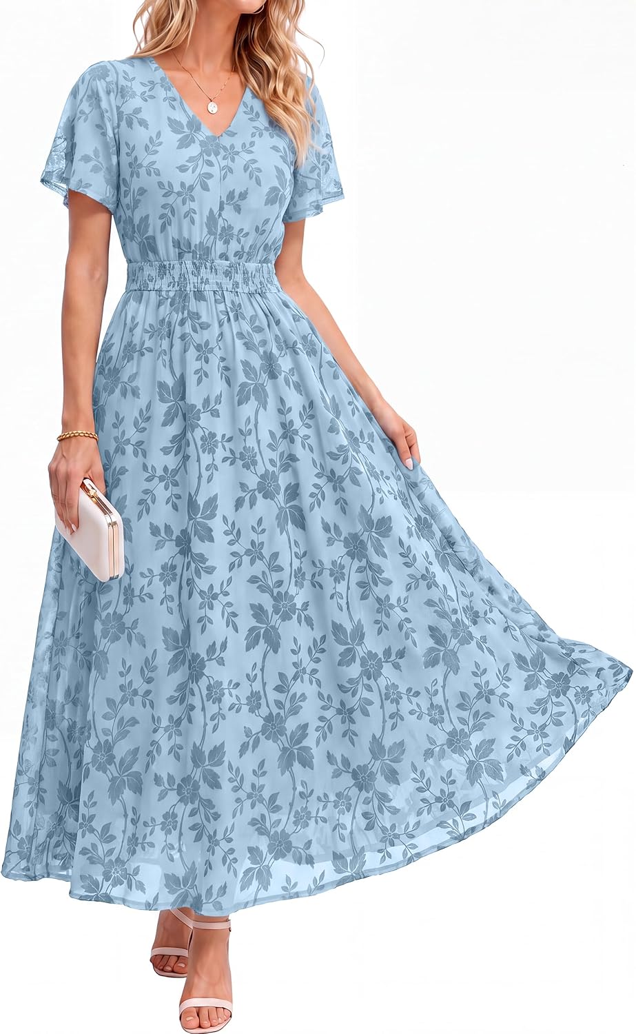 Simplee Womens Formal Fall Floral Mesh Wedding Guest Maxi Dresses | Elegant Flocked Velvet, Stretch Fabric, Short Sleeve, Summer Boho Flowy, Empire Waist, Cocktail Holiday Party Semi Formal