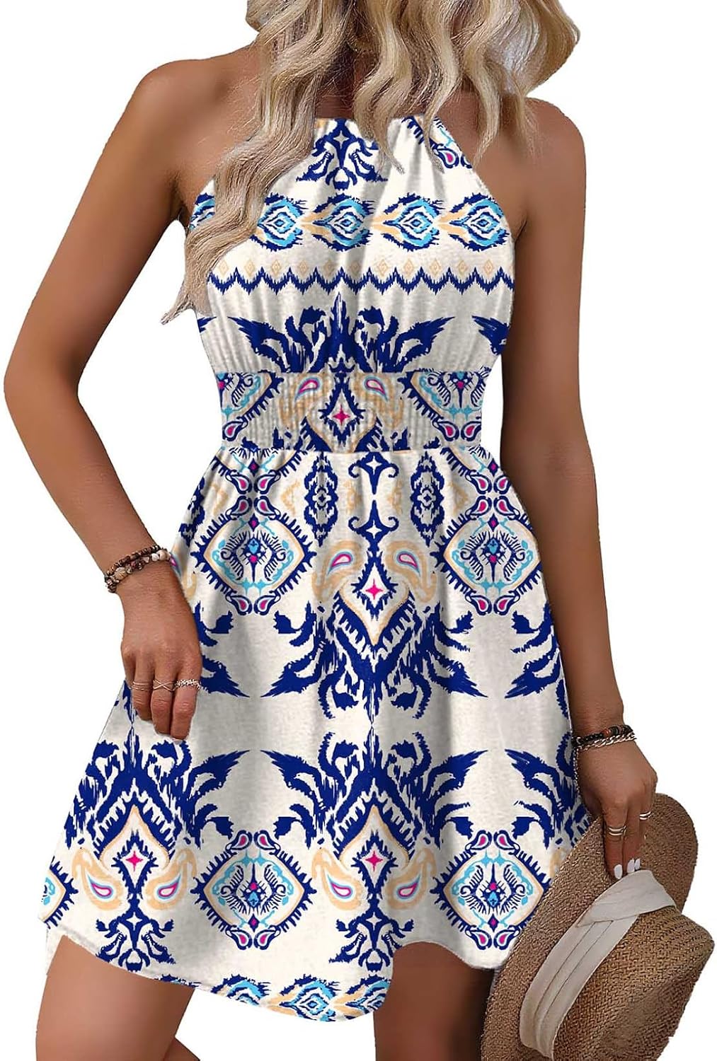 BLENCOT Womens Summer Beach Halter Neck Dresses Casual Smocked A Line Floral Mini Dress with Pockets