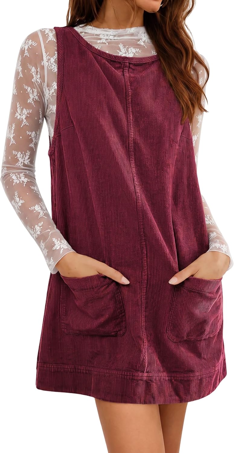 Hooever Women's Corduroy Overall Dress Round Neck A Line Skirtall Jumper Mini Dress Pinafore with Pockets