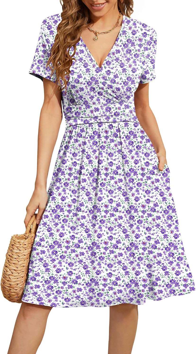 WEACZZY Women's Summer Short Sleeve Casual Dresses V-Neck Floral Party Dress with Pockets