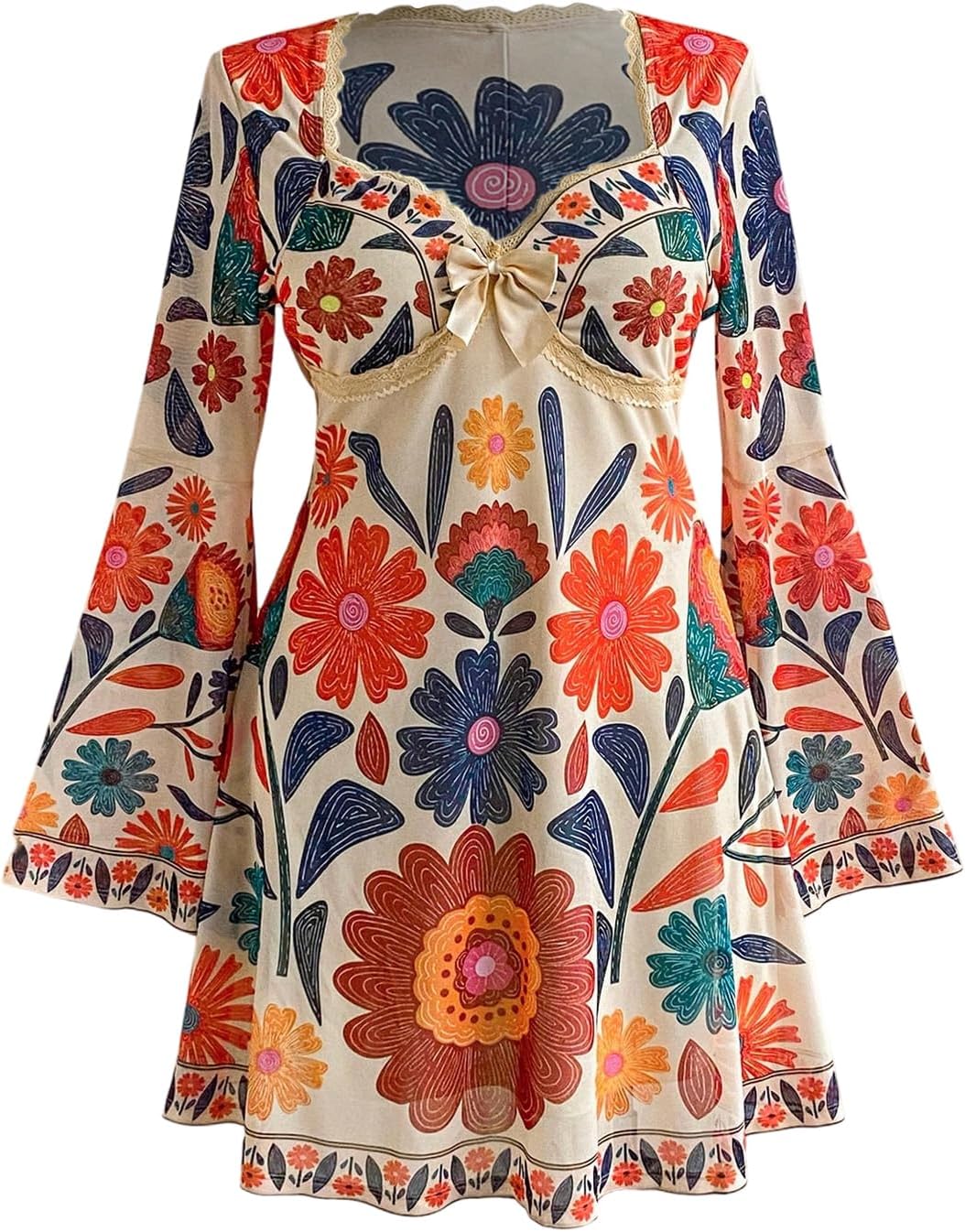 BEAUDRM Women's Plus Size Fall Hippie Boho Dress Lace Mini Dresses | Goth,Whimsical,Western,Leopard,Flowy,Party,Bell Long Sleeve,Country Concert 70s Outfits