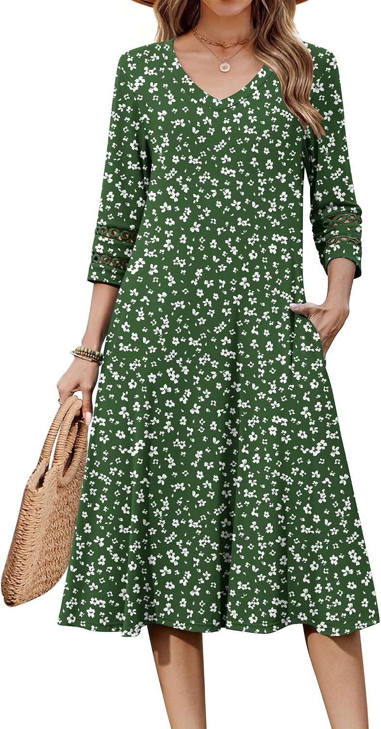 Eyelet V-Neck 3/4-Sleeve A-Line Midi Dress, print style XH527