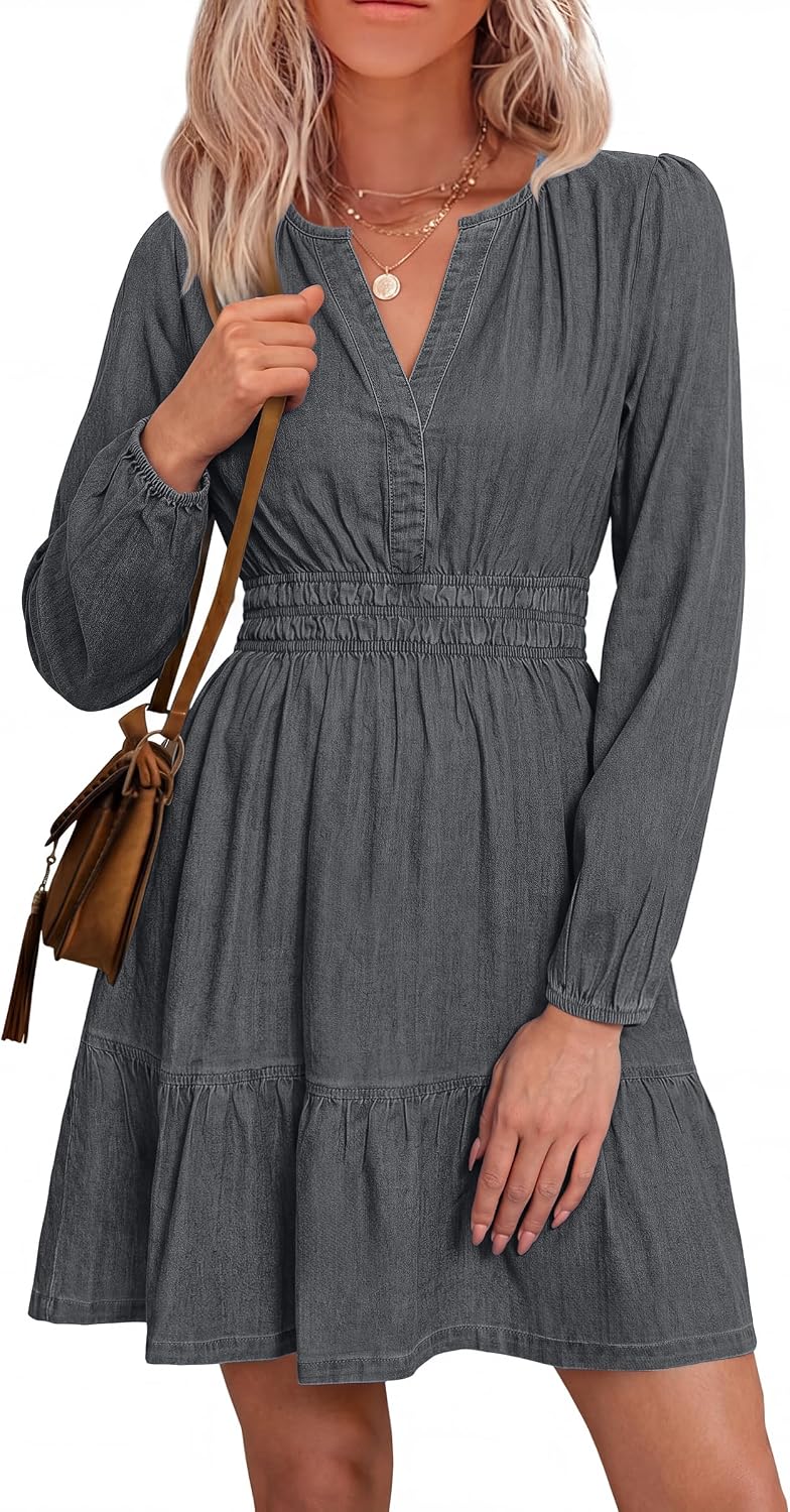 Simplee Womens Denim Dress Long Sleeve Western Cowgirl Jean Fall Mini Dress | Casual Denim Dresses, Country Concert Outfits for Women, V Neck Empire Waist, Ruffle A Line, with Pockets