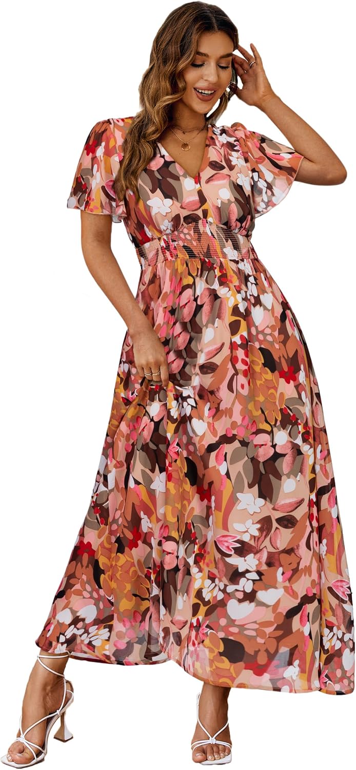 Floral V-Neck Short-Sleeve Maxi Dress in Pink Orange Floral