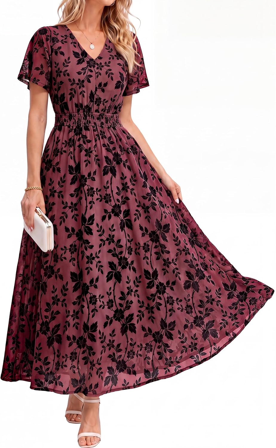 Simplee Womens Formal Fall Floral Mesh Wedding Guest Maxi Dresses | Elegant Flocked Velvet, Stretch Fabric, Short Sleeve, Summer Boho Flowy, Empire Waist, Cocktail Holiday Party Semi Formal
