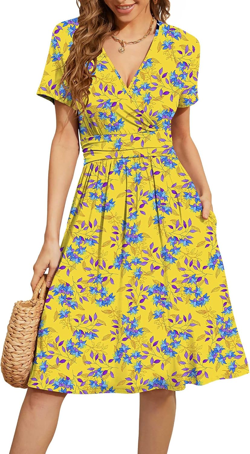 WEACZZY Women's Summer Short Sleeve Casual Dresses V-Neck Floral Party Dress with Pockets