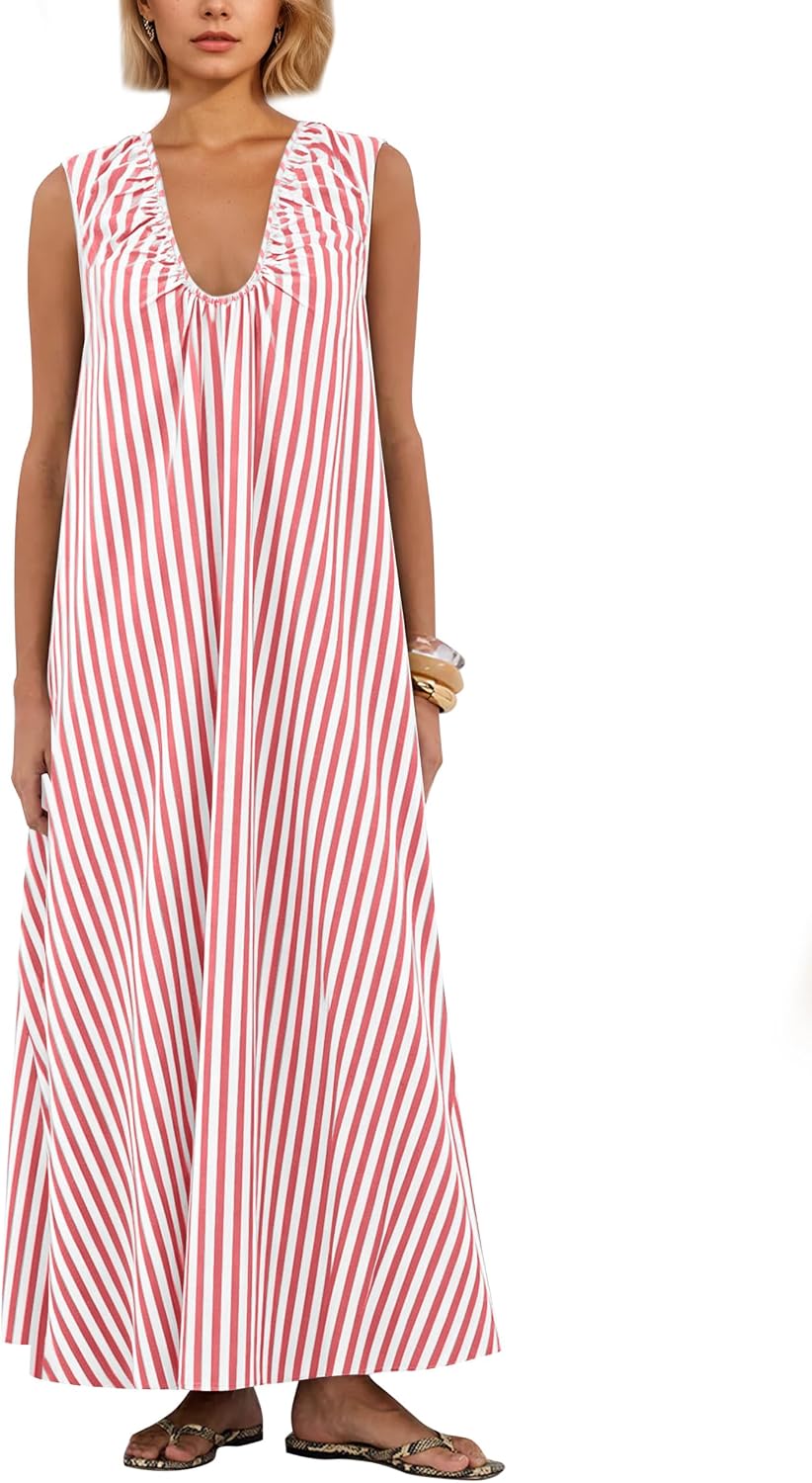 Ardrem Women Sleeveless Ruched Maxi Dress Scoop Neck Long Elegant Dresses Wide Shoulder Strap Blouse Dress with Side Pockets