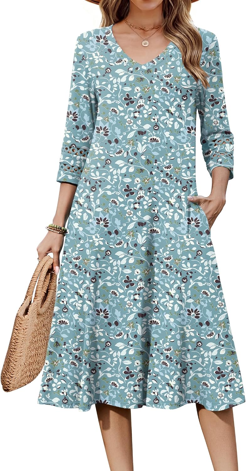 Eyelet V-Neck 3/4-Sleeve A-Line Midi Dress in Green Floral