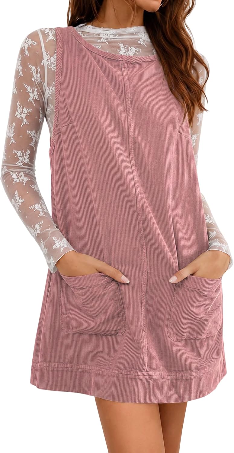 Hooever Women's Corduroy Overall Dress Round Neck A Line Skirtall Jumper Mini Dress Pinafore with Pockets