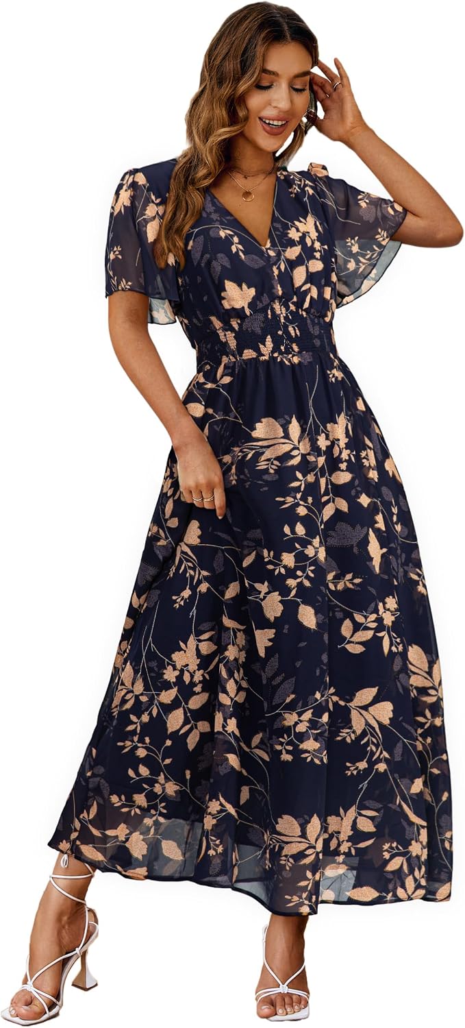Floral V-Neck Short-Sleeve Maxi Dress in Navy Blue Leaf