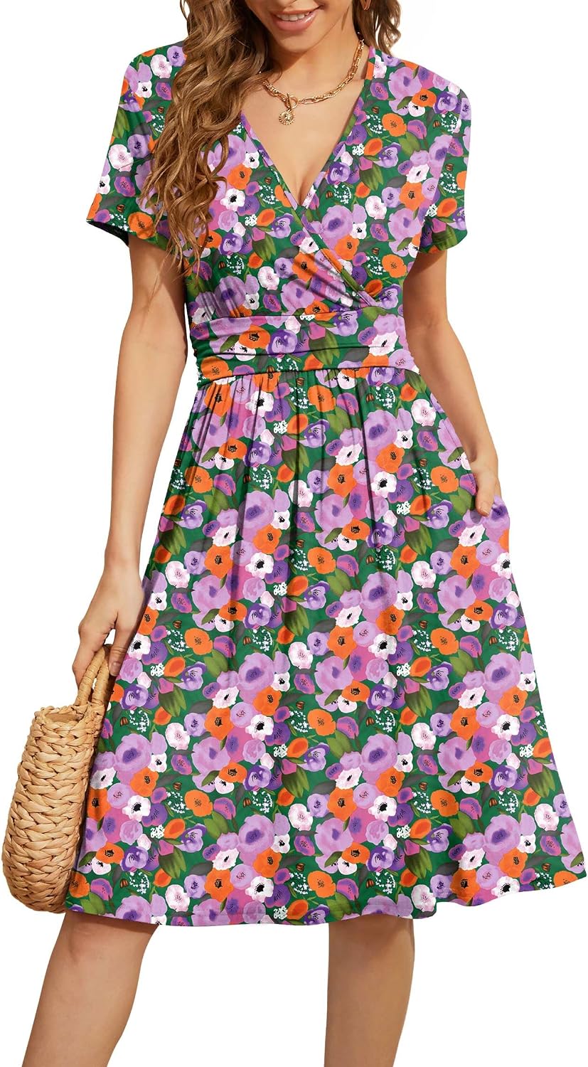WEACZZY Women's Summer Short Sleeve Casual Dresses V-Neck Floral Party Dress with Pockets