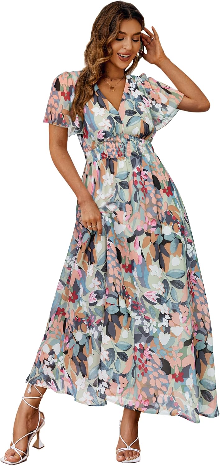 Floral V-Neck Short-Sleeve Maxi Dress in Green Pink Floral