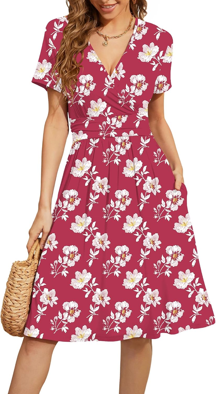 WEACZZY Women's Summer Short Sleeve Casual Dresses V-Neck Floral Party Dress with Pockets