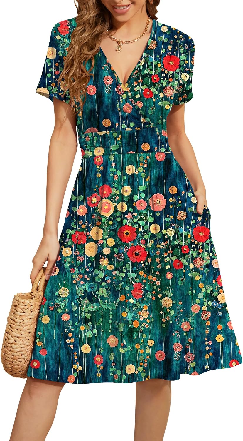 WEACZZY Women's Summer Short Sleeve Casual Dresses V-Neck Floral Party Dress with Pockets