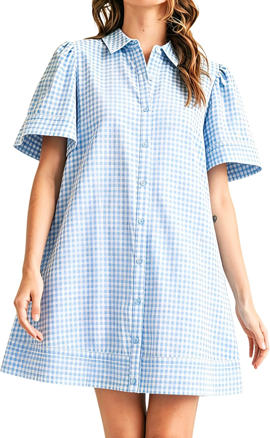 Meyhad Womens Short Sleeve Button Down Mini Shirt Dress Lapel Collar Short Dresses with Pocket