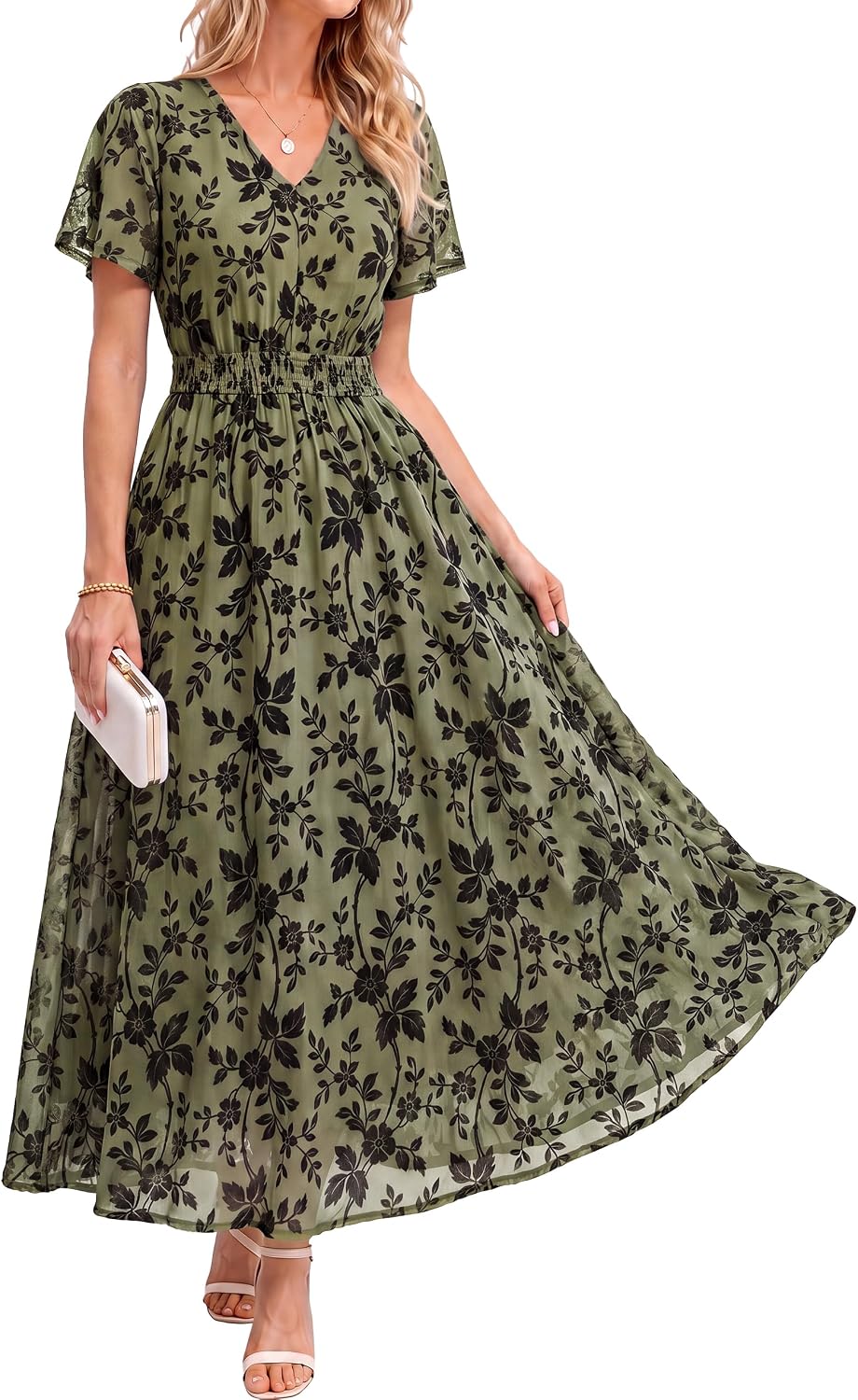 Simplee Womens Formal Fall Floral Mesh Wedding Guest Maxi Dresses | Elegant Flocked Velvet, Stretch Fabric, Short Sleeve, Summer Boho Flowy, Empire Waist, Cocktail Holiday Party Semi Formal