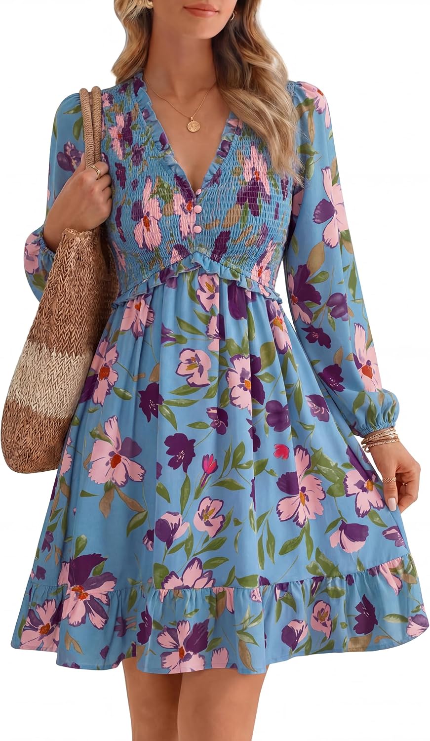 Floral Long-Sleeve Mini Dress in Floral Blue