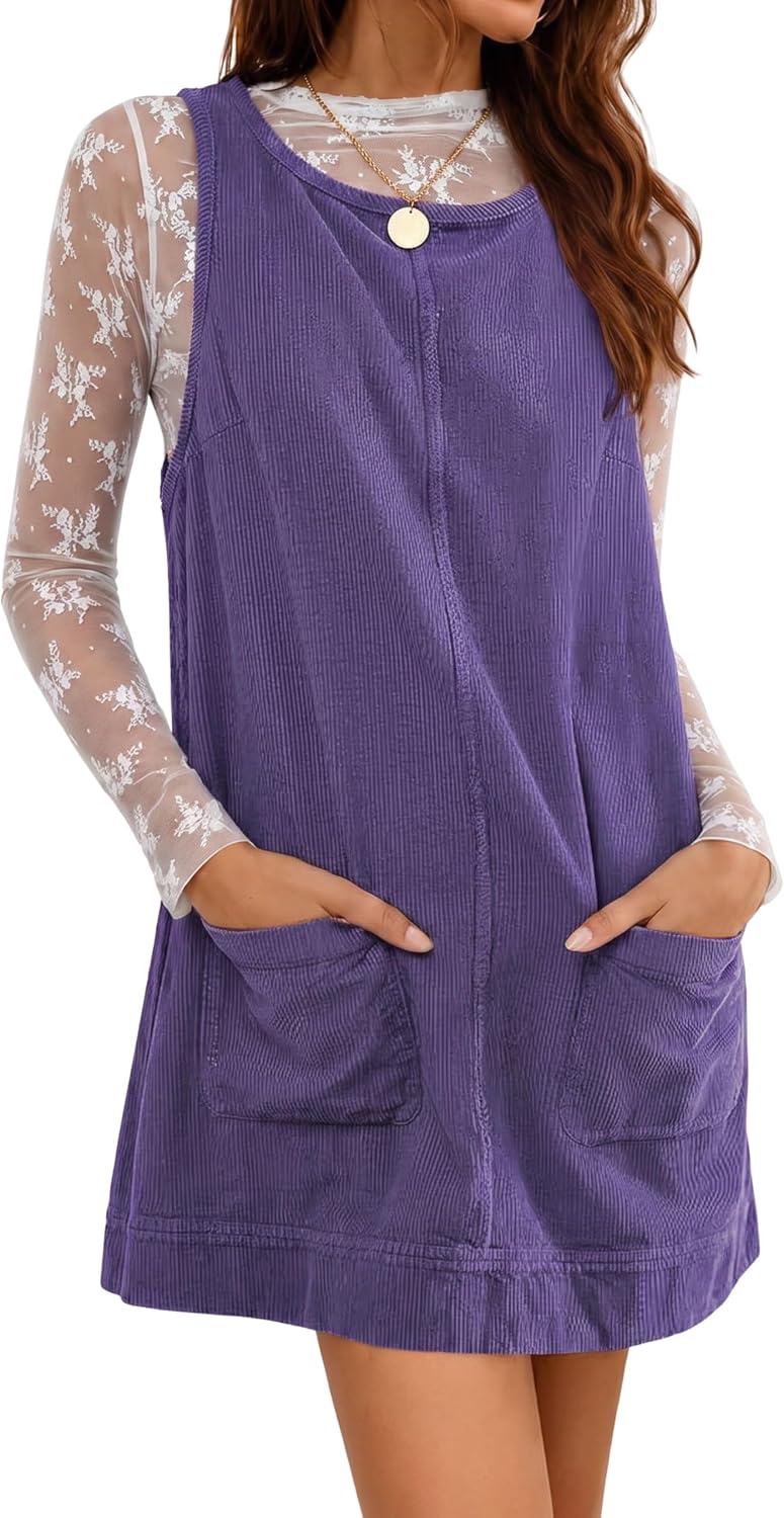 Hooever Women's Corduroy Overall Dress Round Neck A Line Skirtall Jumper Mini Dress Pinafore with Pockets