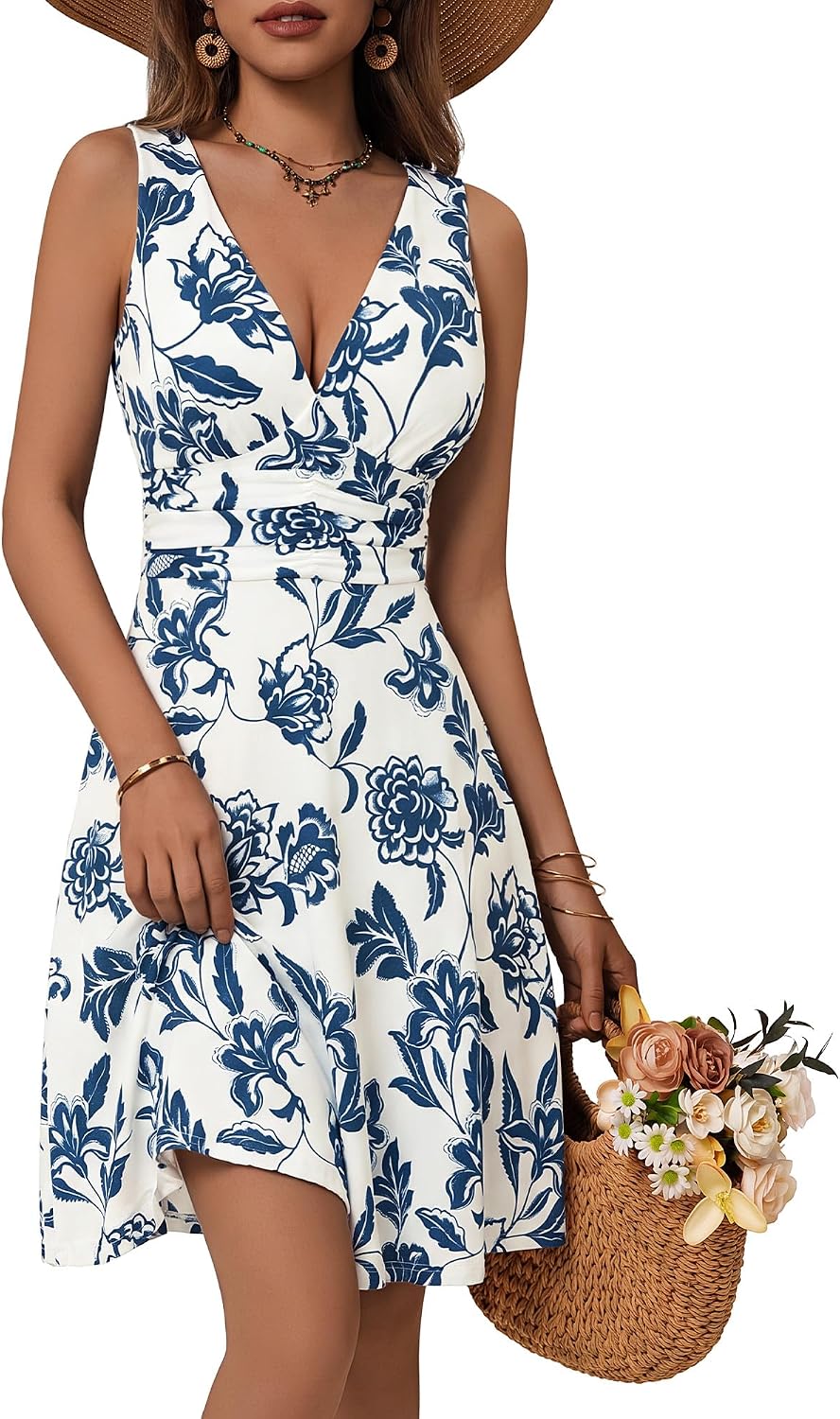 Floral V-Neck Sleeveless Dress in Blue Bouquet Print 1