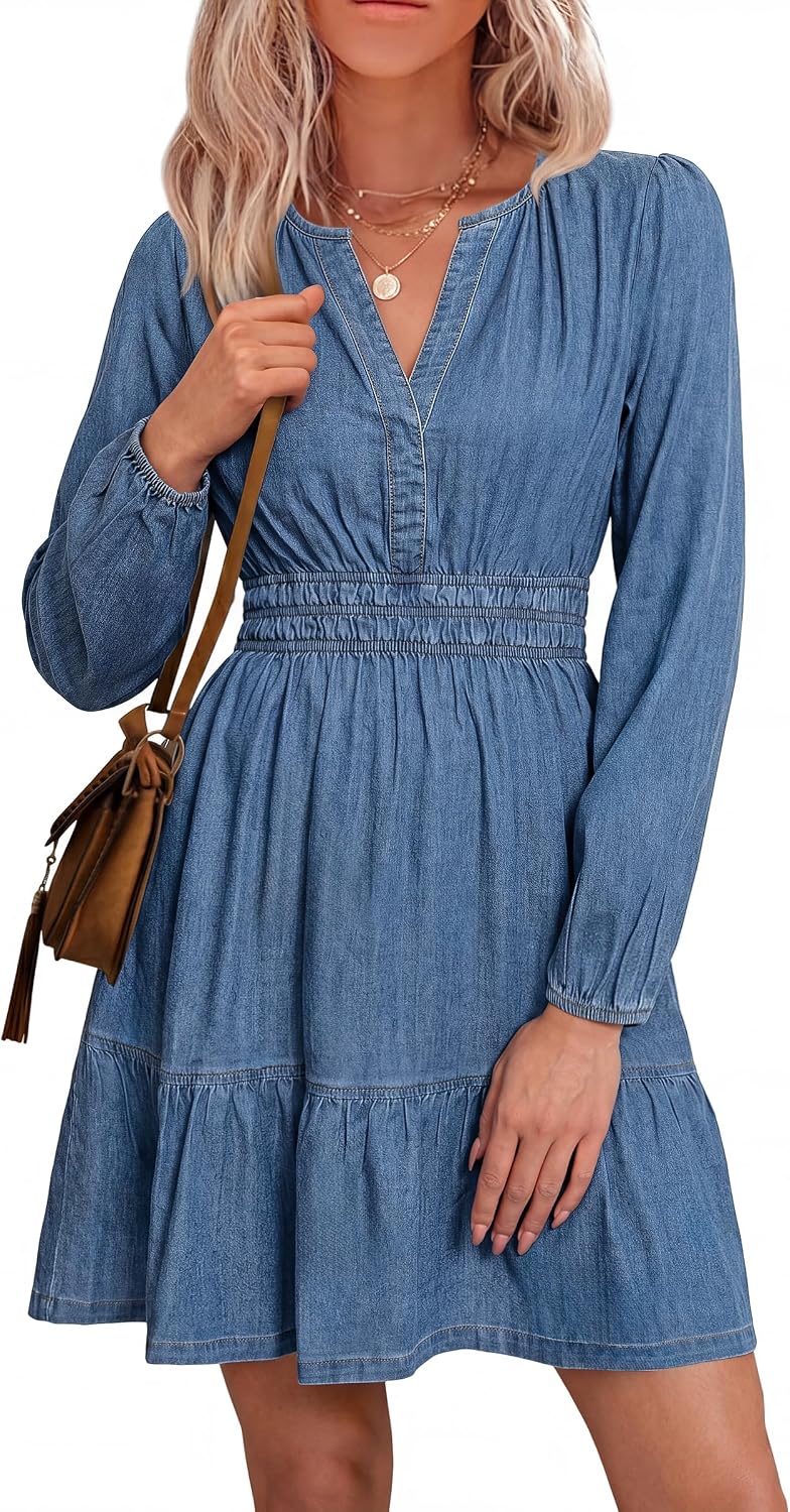 Simplee Womens Denim Dress Long Sleeve Western Cowgirl Jean Fall Mini Dress | Casual Denim Dresses, Country Concert Outfits for Women, V Neck Empire Waist, Ruffle A Line, with Pockets