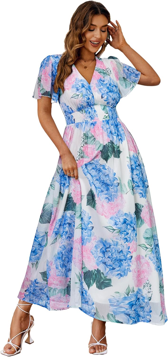 Floral V-Neck Short-Sleeve Maxi Dress in Blue Pink Hydrangea
