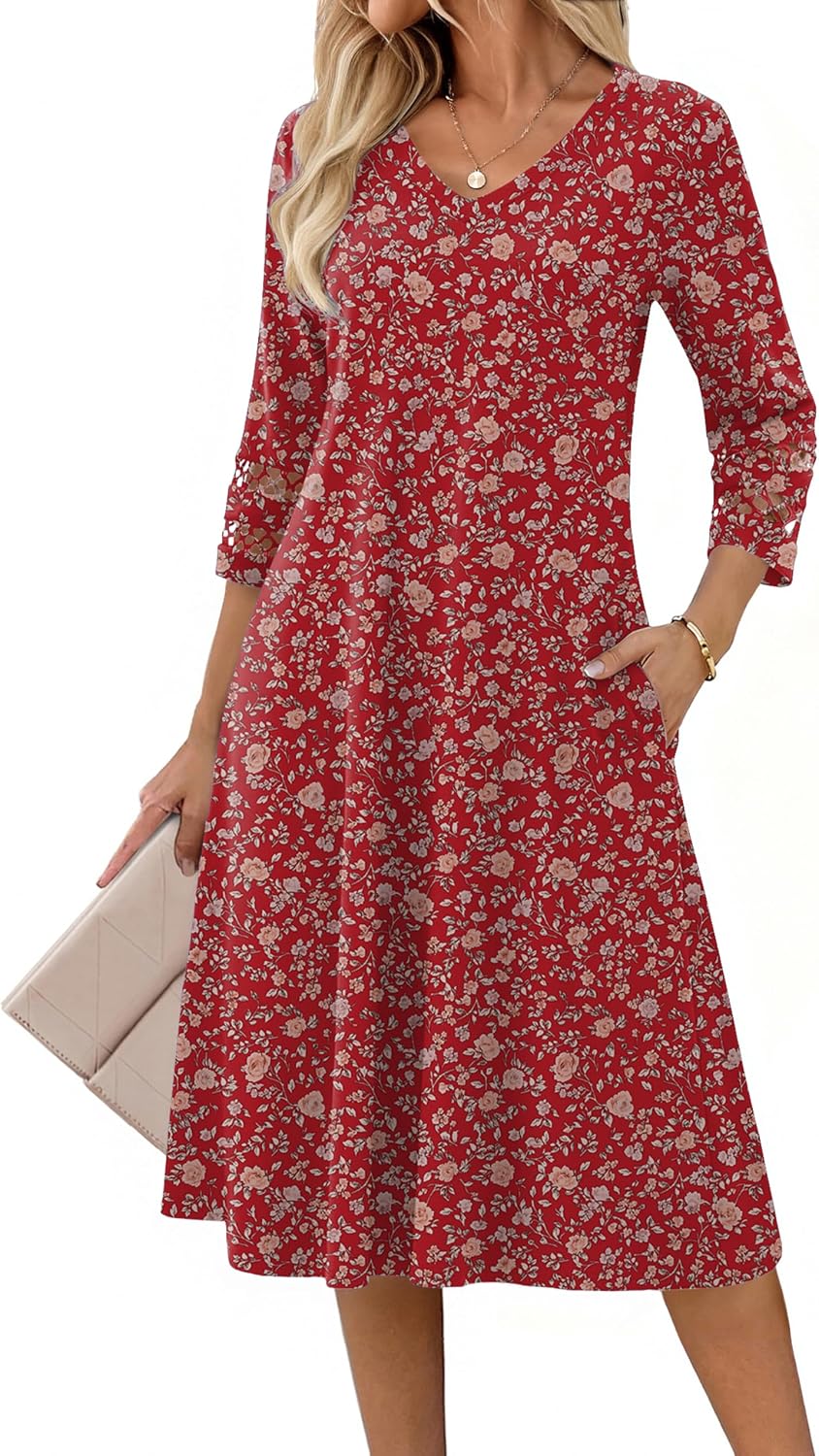 Eyelet V-Neck 3/4-Sleeve A-Line Midi Dress, print style XH546