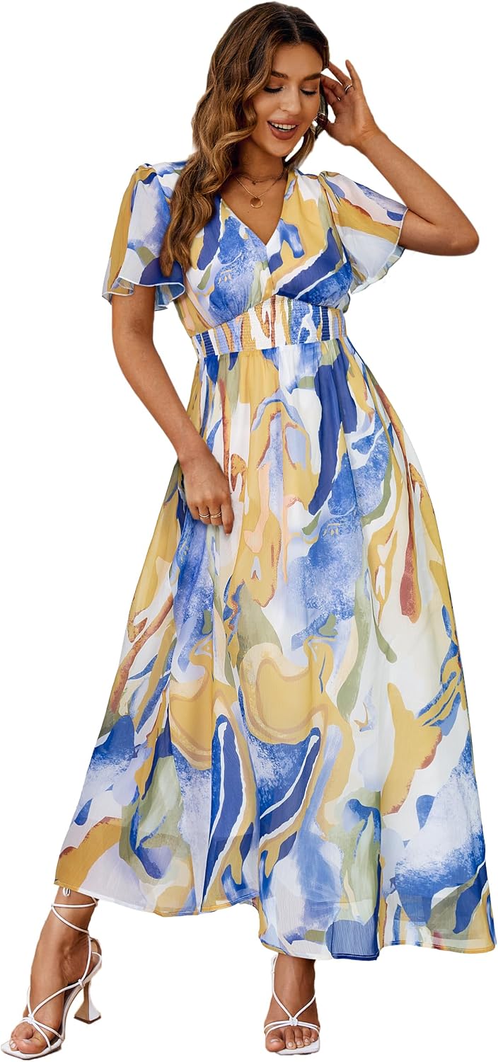 Floral V-Neck Short-Sleeve Maxi Dress in Blue Orange Blend