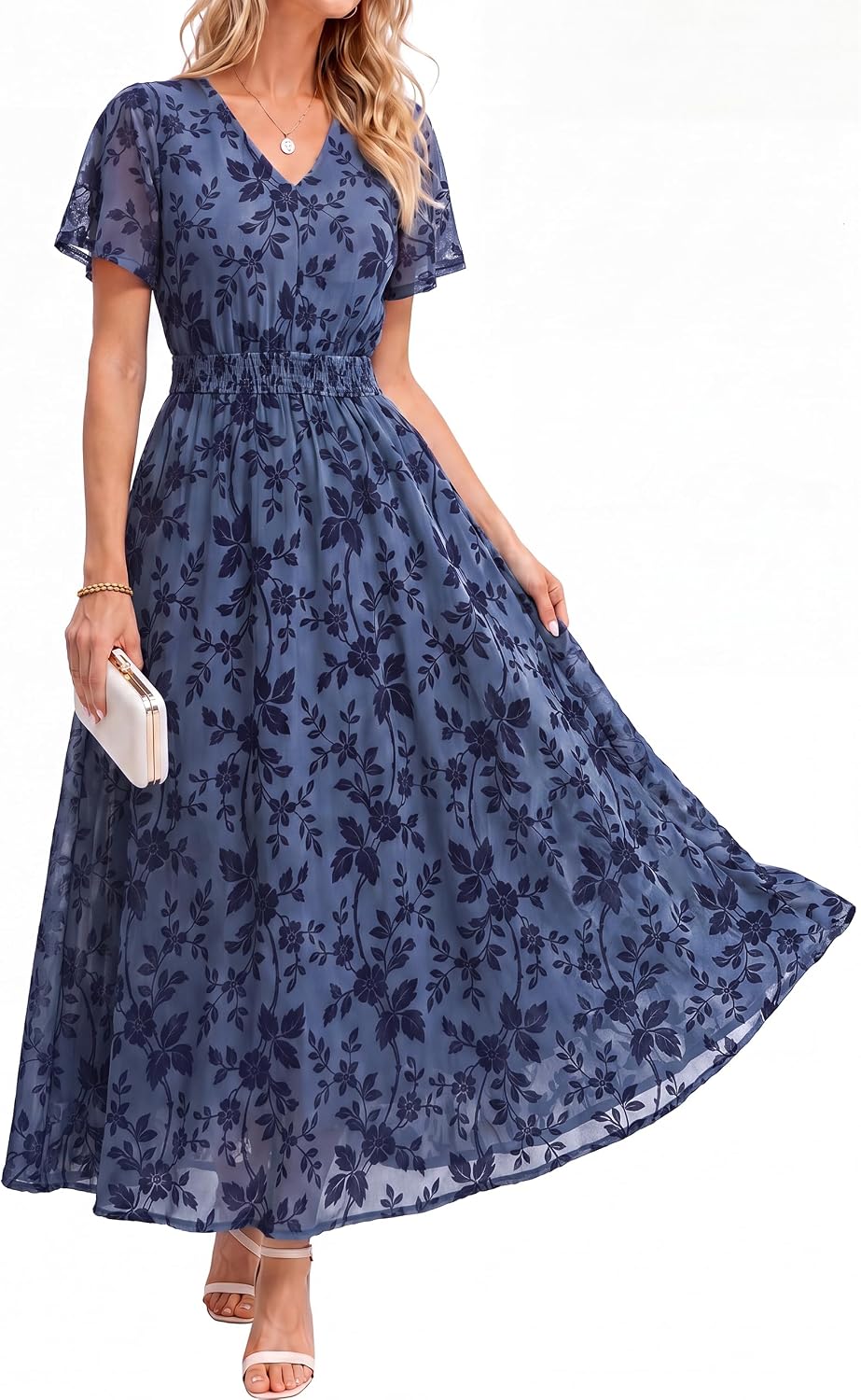 Simplee Womens Formal Fall Floral Mesh Wedding Guest Maxi Dresses | Elegant Flocked Velvet, Stretch Fabric, Short Sleeve, Summer Boho Flowy, Empire Waist, Cocktail Holiday Party Semi Formal