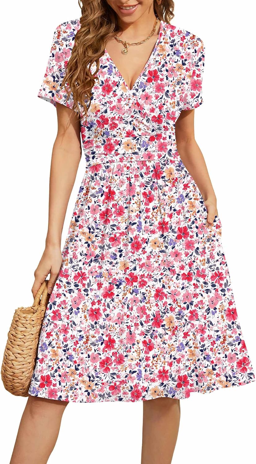 WEACZZY Women's Summer Short Sleeve Casual Dresses V-Neck Floral Party Dress with Pockets
