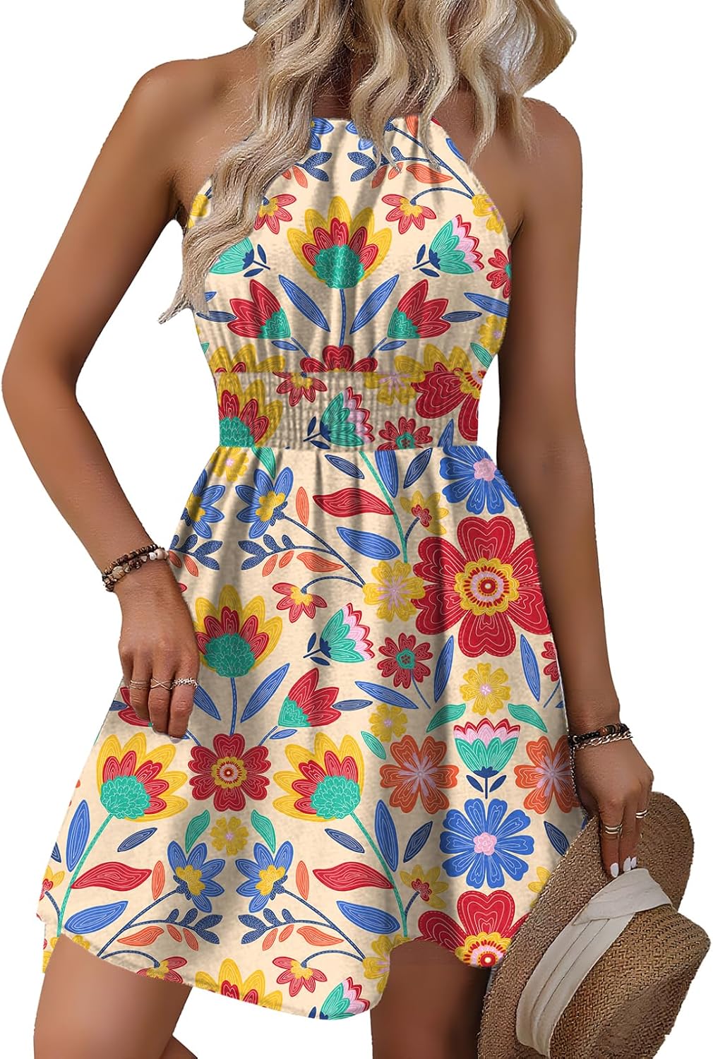 BLENCOT Womens Summer Beach Halter Neck Dresses Casual Smocked A Line Floral Mini Dress with Pockets