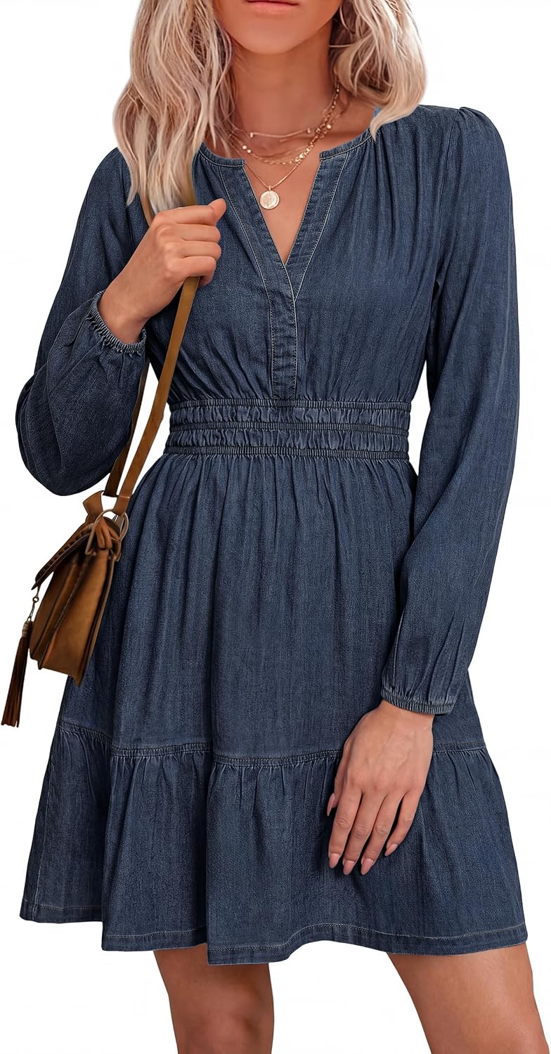 Simplee Womens Denim Dress Long Sleeve Western Cowgirl Jean Fall Mini Dress | Casual Denim Dresses, Country Concert Outfits for Women, V Neck Empire Waist, Ruffle A Line, with Pockets