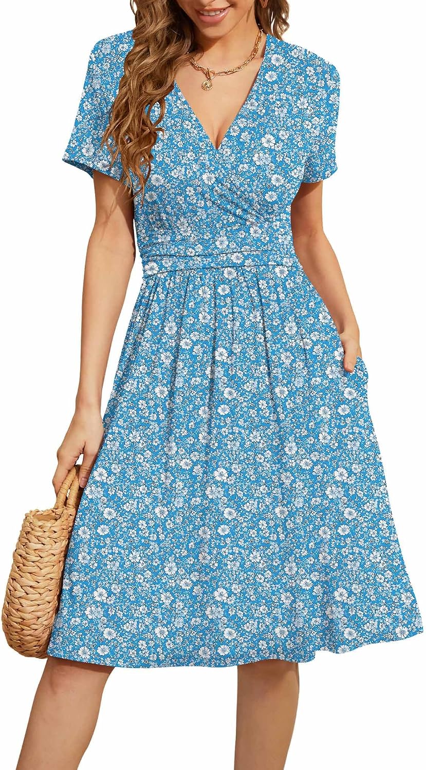 WEACZZY Women's Summer Short Sleeve Casual Dresses V-Neck Floral Party Dress with Pockets