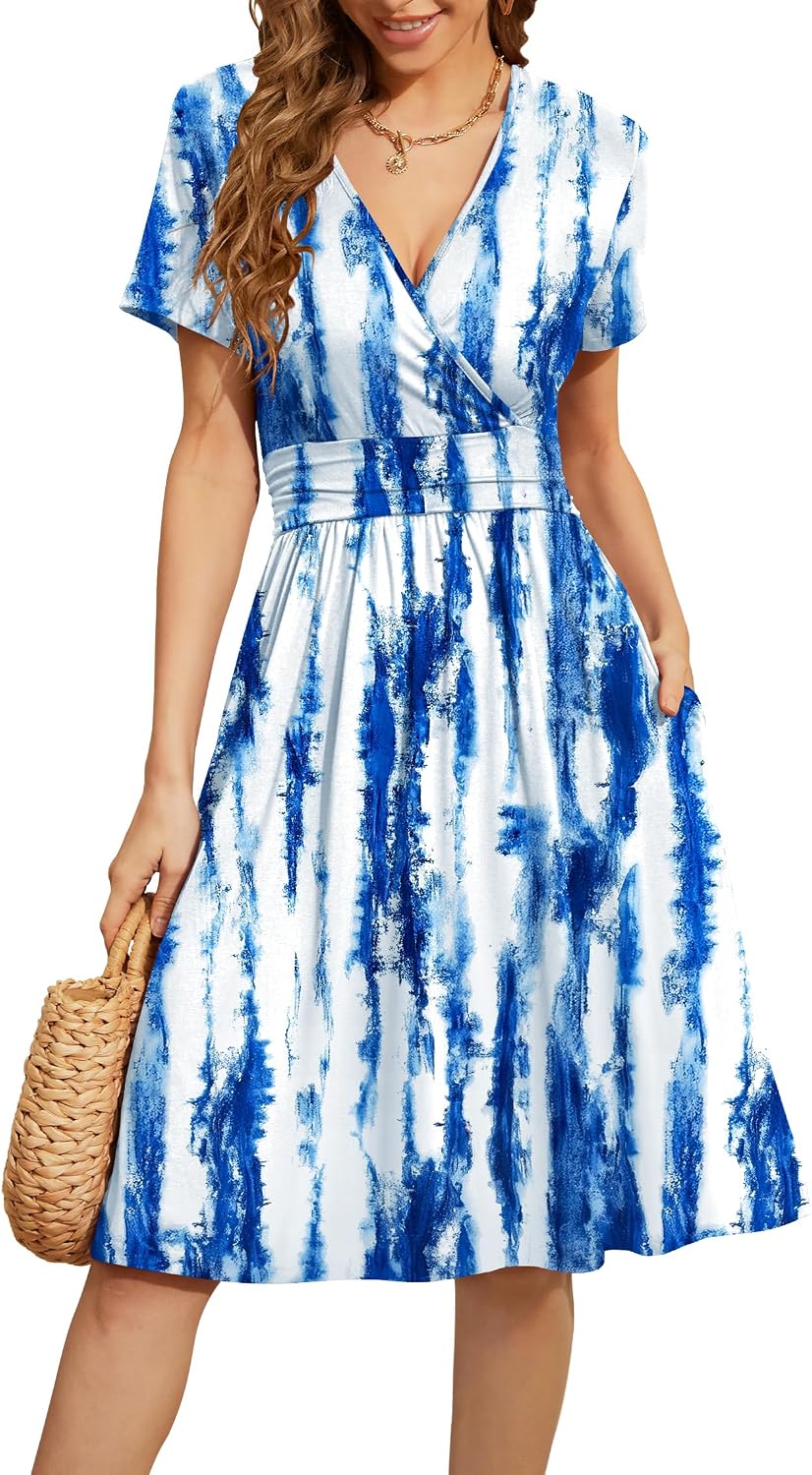 WEACZZY Women's Summer Short Sleeve Casual Dresses V-Neck Floral Party Dress with Pockets