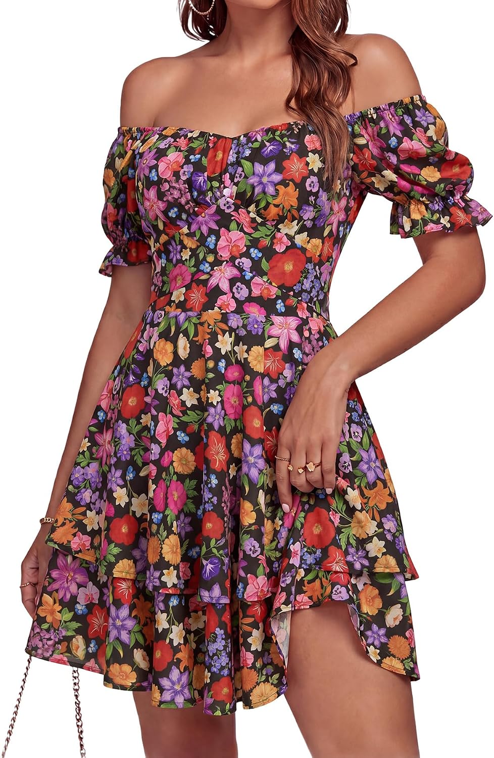 LYANER Women's Off Shoulder Casual Dress | Summer Tie Back Wrap Layer Ruffle A Line Short Sleeve Party Elegant Mini Dresses