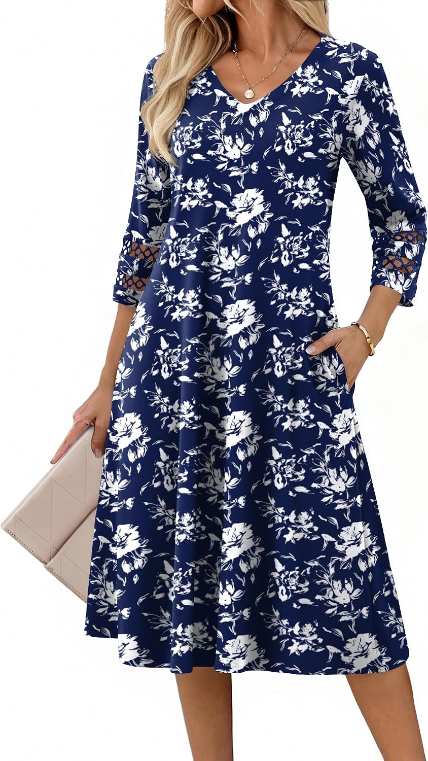 Eyelet V-Neck 3/4-Sleeve A-Line Midi Dress, print style SF238