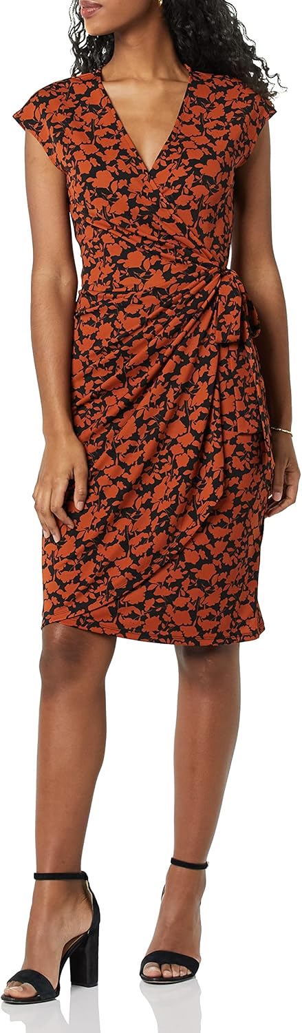 Amazon Essentials Women's Classic Cap Sleeve Wrap Dress with V Neck, Pleated Waist (Available in Plus Size)