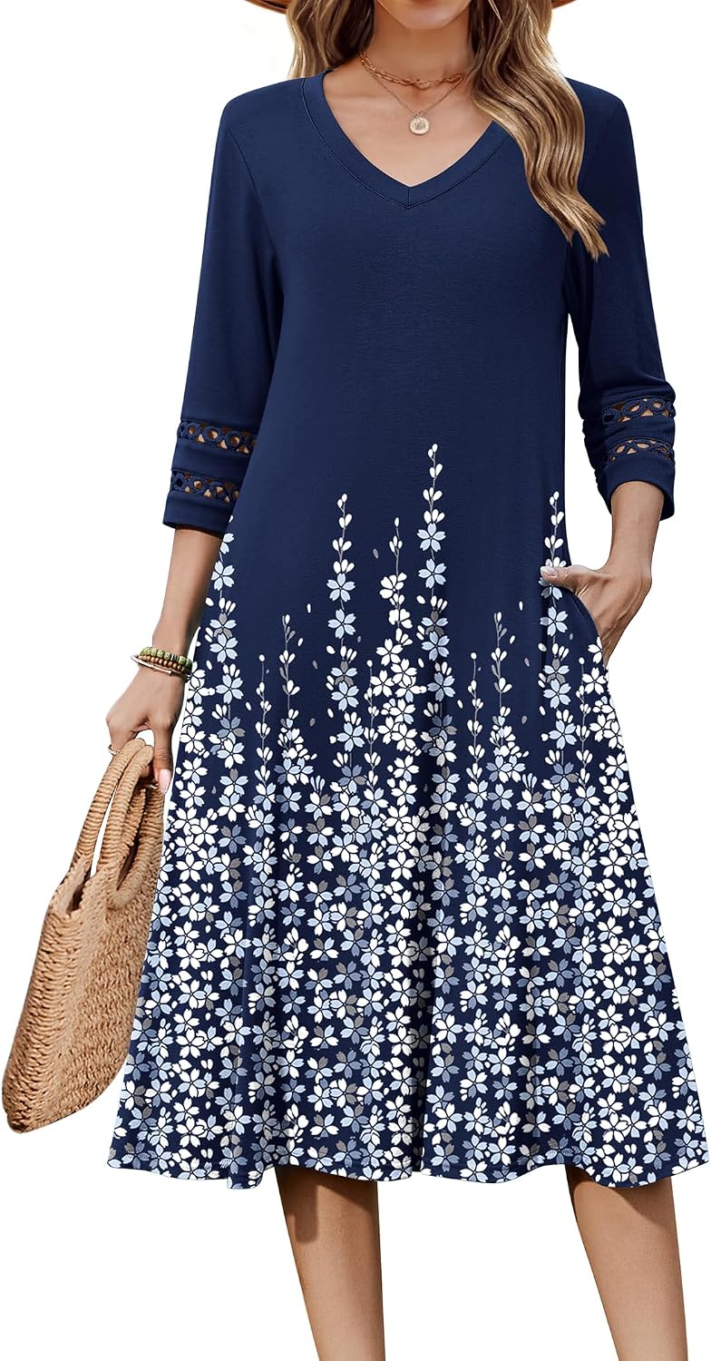 Eyelet V-Neck 3/4-Sleeve A-Line Midi Dress, print style SF119