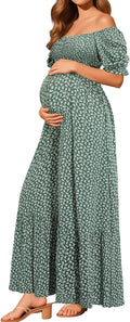 Pinup Fashion Maternity Baby Shower Photoshoot Pregnancy Summer Maxi Dress | Off shoulder, smocked top, puff short sleeves, A-line cut, floral, casual, boho, perfect for baby bump growth,postpartum.