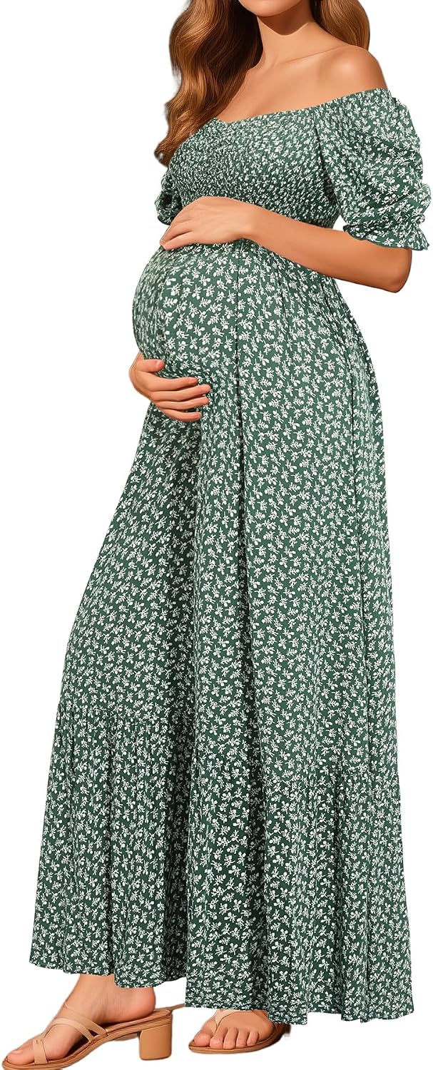Pinup Fashion Maternity Baby Shower Photoshoot Pregnancy Summer Maxi Dress | Off shoulder, smocked top, puff short sleeves, A-line cut, floral, casual, boho, perfect for baby bump growth,postpartum.