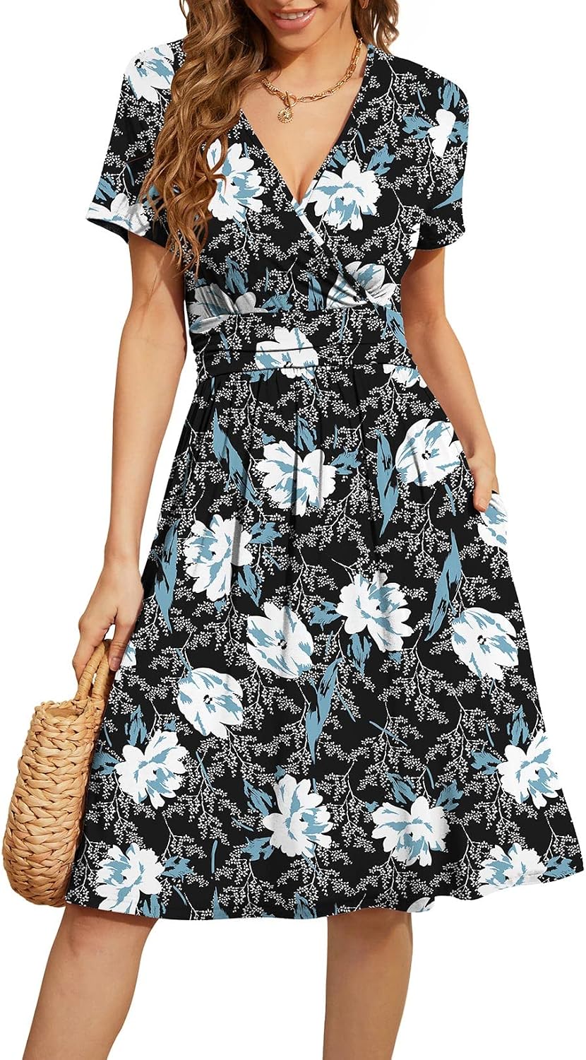 WEACZZY Women's Summer Short Sleeve Casual Dresses V-Neck Floral Party Dress with Pockets